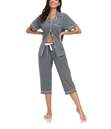 COLORFULLEAF Schlafanzug Damen Knöpfe 100% Baumwolle Capri Pyjama Set Zweiteiliger Sleepwear Kurzarm Oberteil&3/4 Hose Nachtwäsche Hausanzug mit Tasche(Dunkelgrau,XL) von COLORFULLEAF