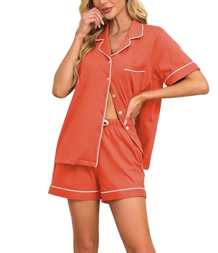 COLORFULLEAF Schlafanzug Damen Kurz 100% Baumwolle Pyjama Set mit Knöpfe Zweiteiliger Sommer Nachtwäsche Hausanzug(Coral Pink,XL) von COLORFULLEAF