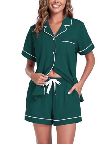 COLORFULLEAF Schlafanzug Damen Kurz 100% Baumwolle Pyjama Set mit Knöpfe Zweiteiliger Sommer Nachtwäsche Hausanzug(Grün,M) von COLORFULLEAF