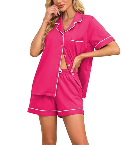 COLORFULLEAF Schlafanzug Damen Kurz 100% Baumwolle Pyjama Set mit Knöpfe Zweiteiliger Sommer Nachtwäsche Hausanzug(Hot Pink,M) von COLORFULLEAF
