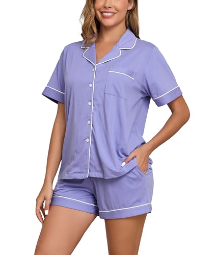 COLORFULLEAF Schlafanzug Damen Kurz 100% Baumwolle Pyjama Set mit Knöpfe Zweiteiliger Sommer Nachtwäsche Hausanzug(Lavender,XL) von COLORFULLEAF