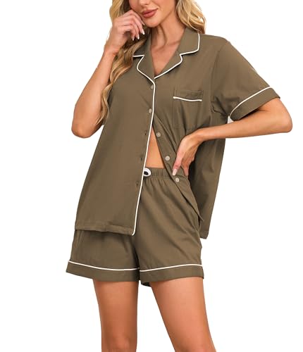 COLORFULLEAF Schlafanzug Damen Kurz 100% Baumwolle Pyjama Set mit Knöpfe Zweiteiliger Sommer Nachtwäsche Hausanzug(Olive Green,L) von COLORFULLEAF
