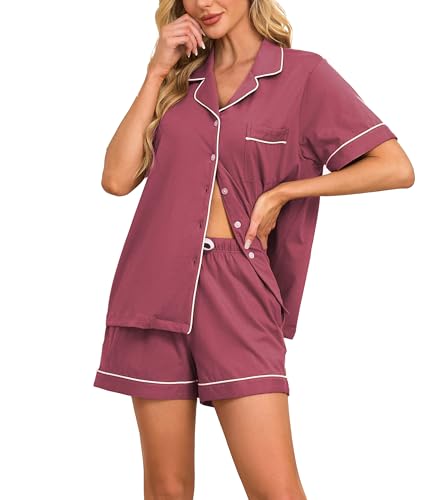COLORFULLEAF Schlafanzug Damen Kurz 100% Baumwolle Pyjama Set mit Knöpfe Zweiteiliger Sommer Nachtwäsche Hausanzug(Purplish Red,S) von COLORFULLEAF