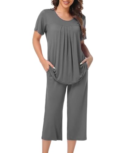 COLORFULLEAF Damen Schlafanzug Kurzarm Pyjama Set aus Bambus Zweiteiliger Kurzarm Nachtwäsche und Schlafanzug 3/4 Hose(Grau,L) von COLORFULLEAF