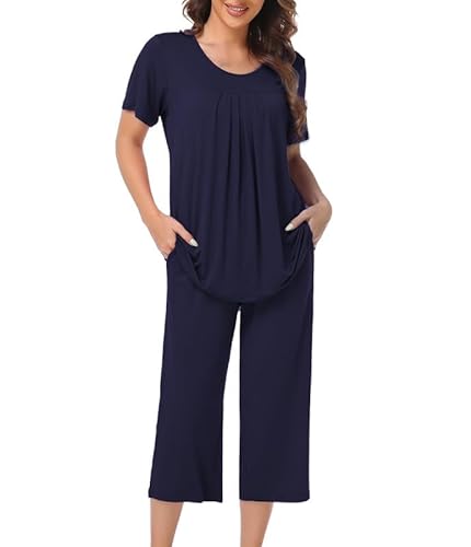 COLORFULLEAF Schlafanzug Damen Pyjama Set Zweiteiler Damen Sommer Kurzarm Nachtwäsche und 3/4 Lang Schlafanzughosen(Navy Blau,XXL) von COLORFULLEAF