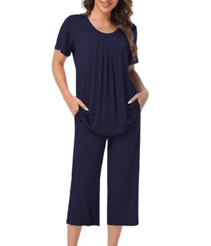 COLORFULLEAF Damen Schlafanzug Kurzarm Pyjama Set aus Bambus Zweiteiliger Kurzarm Nachtwäsche und Schlafanzug 3/4 Hose(Navy Blau,L) von COLORFULLEAF