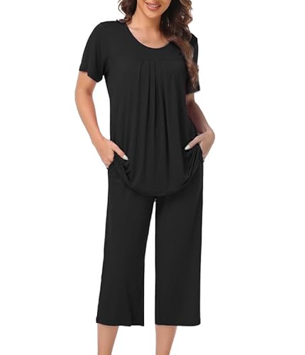 COLORFULLEAF Schlafanzug Damen Pyjama Set Zweiteiler Damen Sommer Kurzarm Nachtwäsche und 3/4 Lang Schlafanzughosen(Schwarz,L) von COLORFULLEAF