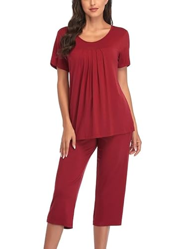 COLORFULLEAF Schlafanzug Damen Pyjama Set Zweiteiler Damen Sommer Kurzarm Nachtwäsche und 3/4 Lang Schlafanzughosen(Weinrot,L) von COLORFULLEAF