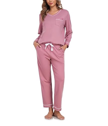 COLORFULLEAF Schlafanzug Damen Lang 100% Baumwolle Pyjama Zweiteiliger Lounge Set V-Ausschnitt Nachtwäsche Langarm Loungewear(Altrosa,L) von COLORFULLEAF