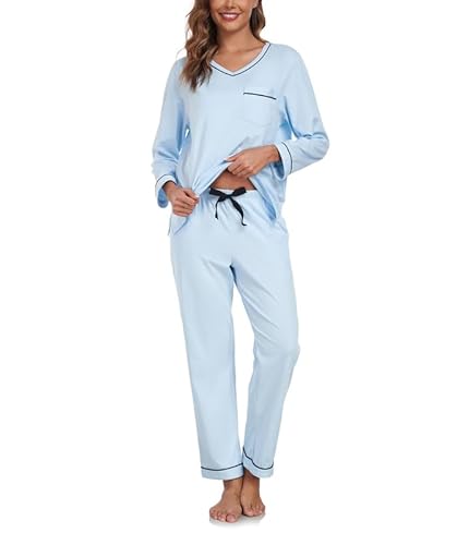 COLORFULLEAF Schlafanzug Damen Lang 100% Baumwolle Pyjama Zweiteiliger Lounge Set V-Ausschnitt Nachtwäsche Langarm Loungewear(Hellblau,S) von COLORFULLEAF