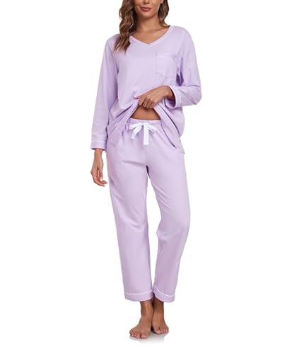 COLORFULLEAF Schlafanzug Damen Lang 100% Baumwolle Pyjama Zweiteiliger Lounge Set V-Ausschnitt Nachtwäsche Langarm Loungewear(Hellviolett,L) von COLORFULLEAF