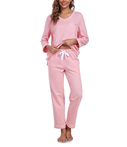 COLORFULLEAF Schlafanzug Damen Lang 100% Baumwolle Pyjama Zweiteiliger Lounge Set V-Ausschnitt Nachtwäsche Langarm Loungewear(Rosa,2XL) von COLORFULLEAF