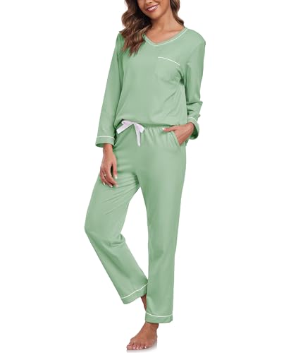 COLORFULLEAF Schlafanzug Damen Lang 100% Baumwolle Pyjama Zweiteiliger Lounge Set V-Ausschnitt Nachtwäsche Langarm Loungewear(Salbeigrün,2XL) von COLORFULLEAF