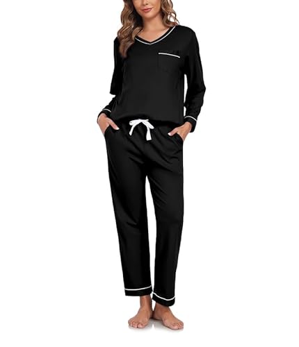 COLORFULLEAF Schlafanzug Damen Lang 100% Baumwolle Pyjama Zweiteiliger Lounge Set V-Ausschnitt Nachtwäsche Langarm Loungewear(Schwarz,2XL) von COLORFULLEAF