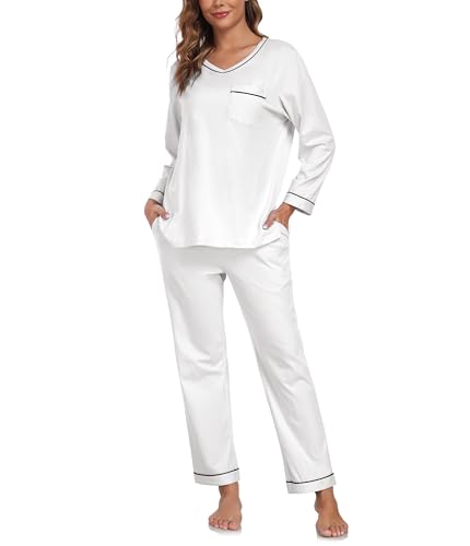 COLORFULLEAF Schlafanzug Damen Lang 100% Baumwolle Pyjama Zweiteiliger Lounge Set V-Ausschnitt Nachtwäsche Langarm Loungewear(Weiß,2XL) von COLORFULLEAF