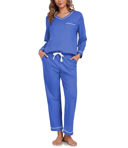 COLORFULLEAF Schlafanzug Damen Lang 100% Baumwolle Pyjama Zweiteiliger Lounge Set V-Ausschnitt Nachtwäsche Langarm Loungewear(blau,XL) von COLORFULLEAF