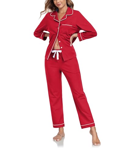 COLORFULLEAF Schlafanzug Damen Lang Baumwolle mit Knopfleiste Langarm Pyjama Set Nachtwäsche Schlafanzüge für Frauen Zweiteiler(Kirsche,L) von COLORFULLEAF