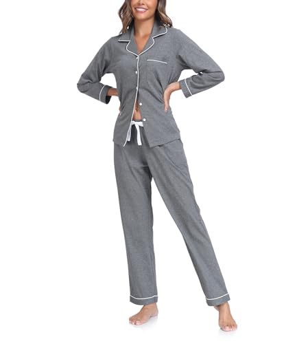 COLORFULLEAF Schlafanzug Damen Lang Baumwolle mit Knopfleiste Langarm Pyjama Set Nachtwäsche Schlafanzüge für Frauen Zweiteiler(Dunkelgrau,L) von COLORFULLEAF
