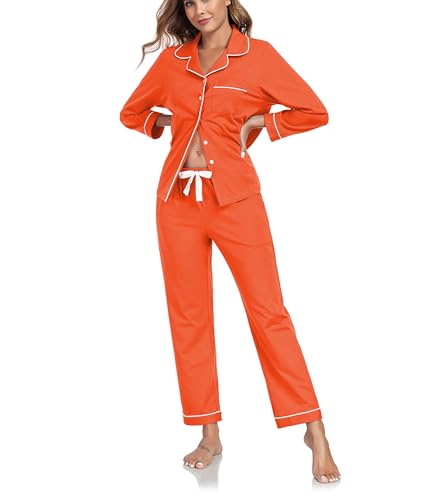 COLORFULLEAF Schlafanzug Damen Lang Baumwolle mit Knopfleiste Langarm Pyjama Set Nachtwäsche Schlafanzüge für Frauen Zweiteiler(Koralle Orange,S) von COLORFULLEAF
