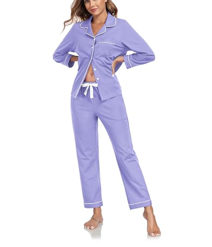 COLORFULLEAF Schlafanzug Damen Lang Baumwolle mit Knopfleiste Langarm Pyjama Set Nachtwäsche Schlafanzüge für Frauen Zweiteiler(Lavendel,M) von COLORFULLEAF