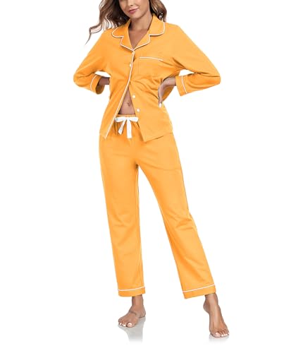 COLORFULLEAF Schlafanzug Damen Lang Baumwolle mit Knopfleiste Langarm Pyjama Set Nachtwäsche Schlafanzüge für Frauen Zweiteiler(Ringelblume,M) von COLORFULLEAF