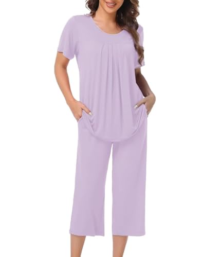 COLORFULLEAF Damen Schlafanzug Kurzarm Pyjama Set aus Bambus Zweiteiliger Kurzarm Nachtwäsche und Schlafanzug 3/4 Hose(Violett,L) von COLORFULLEAF