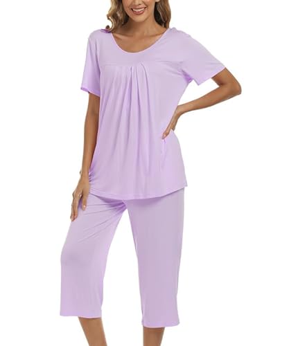 COLORFULLEAF Schlafanzug Damen Pyjama Set Zweiteiler Damen Sommer Kurzarm Nachtwäsche und 3/4 Lang Schlafanzughosen(Violett,XXL) von COLORFULLEAF