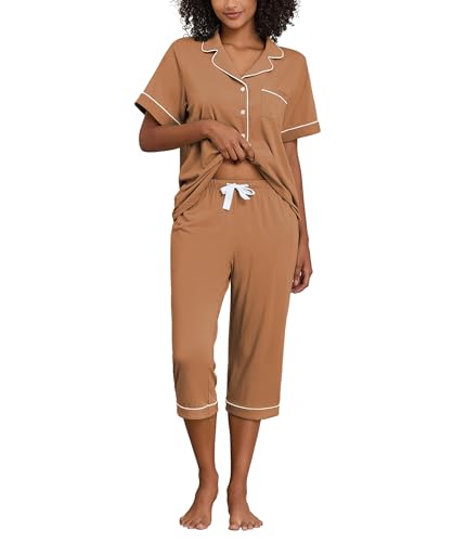 COLORFULLEAF Schlafanzug Damen Pyjama Sommer Kurzärmeliges Hausanzug Zweiteiliger V-Ausschnitt Sleepwear Pyjama Set Kurzarm Top und 3/4 Hose Nachtwäsche（Braun, S） von COLORFULLEAF