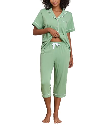 COLORFULLEAF Schlafanzug Damen Pyjama Sommer Kurzärmeliges Hausanzug Zweiteiliger V-Ausschnitt Sleepwear Pyjama Set Kurzarm Top und 3/4 Hose Nachtwäsche（Graugrün, XL） von COLORFULLEAF