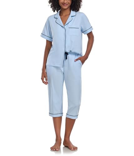 COLORFULLEAF Schlafanzug Damen Pyjama Sommer Kurzärmeliges Hausanzug Zweiteiliger V-Ausschnitt Sleepwear Pyjama Set Kurzarm Top und 3/4 Hose Nachtwäsche（Hellblau, S） von COLORFULLEAF