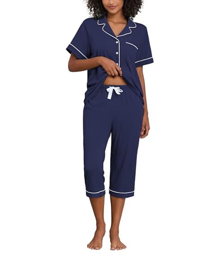 COLORFULLEAF Schlafanzug Damen Pyjama Sommer Kurzärmeliges Hausanzug Zweiteiliger V-Ausschnitt Sleepwear Pyjama Set Kurzarm Top und 3/4 Hose Nachtwäsche（Marineblau, S） von COLORFULLEAF
