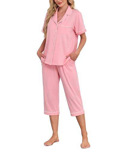 COLORFULLEAF Schlafanzug Damen Pyjama Sommer Kurzärmeliges Hausanzug Zweiteiliger V-Ausschnitt Sleepwear Pyjama Set Kurzarm Top und 3/4 Hose Nachtwäsche（Rosa, XL） von COLORFULLEAF