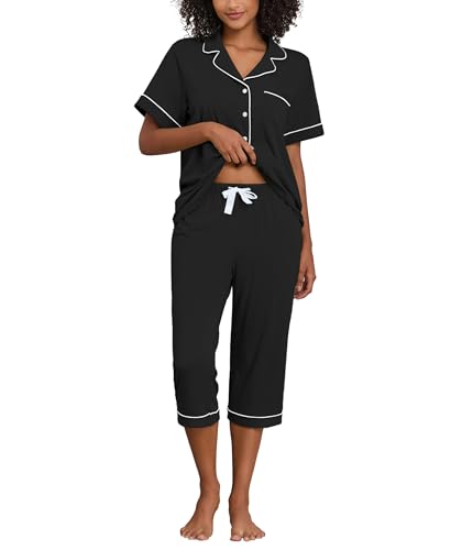 COLORFULLEAF Schlafanzug Damen Pyjama Sommer Kurzärmeliges Hausanzug Zweiteiliger V-Ausschnitt Sleepwear Pyjama Set Kurzarm Top und 3/4 Hose Nachtwäsche（Schwarz, S） von COLORFULLEAF