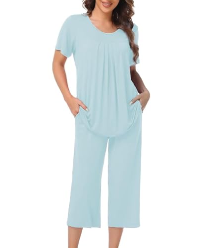 COLORFULLEAF Damen Schlafanzug Kurzarm Pyjama Set aus Bambus Zweiteiliger Kurzarm Nachtwäsche und Schlafanzug 3/4 Hose(Hellblau,L) von COLORFULLEAF