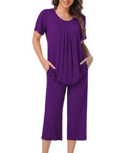 COLORFULLEAF Damen Schlafanzug Kurzarm Pyjama Set aus Bambus Zweiteiliger Kurzarm Nachtwäsche und Schlafanzug 3/4 Hose(Lila,M) von COLORFULLEAF