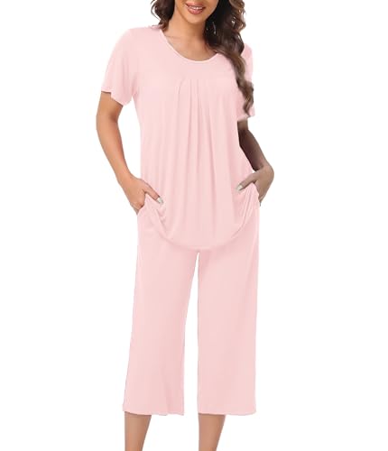COLORFULLEAF Damen Schlafanzug Kurzarm Pyjama Set aus Bambus Zweiteiliger Kurzarm Nachtwäsche und Schlafanzug 3/4 Hose(Rosa,XL) von COLORFULLEAF