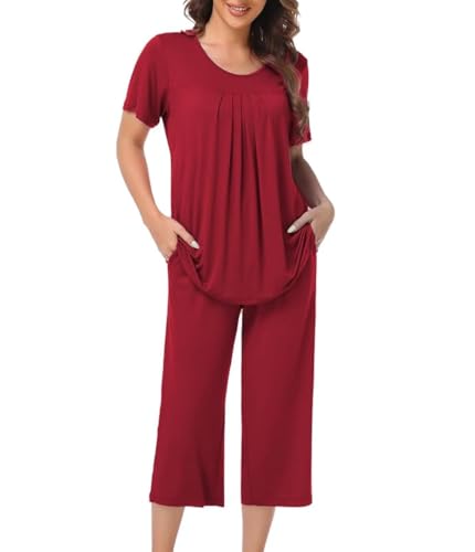 COLORFULLEAF Damen Schlafanzug Kurzarm Pyjama Set aus Bambus Zweiteiliger Kurzarm Nachtwäsche und Schlafanzug 3/4 Hose(Weinrot,XL) von COLORFULLEAF