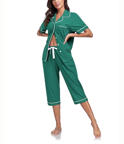 COLORFULLEAF Damen Schlafanzug aus 100% Baumwolle Sommer Pyjama Capri Set Zweiteiliger Kurzarm Top mit Knöpfe und 3/4 Hose(Grün,M) von COLORFULLEAF