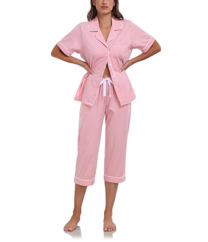 COLORFULLEAF Schlafanzug Damen mit Knöpfen, Baumwolle Capri Pyjama Set, Kurzarm Nachtwäsche für Frauen Zweiteiliger Weich Sleepwear Oberteil&Pyjamahose(Rosa,S) von COLORFULLEAF