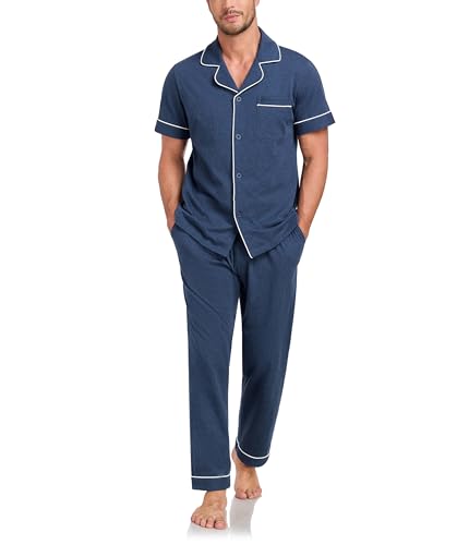 COLORFULLEAF Schlafanzug Herren 100% Baumwolle Pyjama Set mit Knöpfen Zweiteiliger V-Ausschnitt Kurzarm Shirt Lang Pyjamahose Weich Nachtwäsche Hausanzug Pjs Set（Dunkelgraublau,L） von COLORFULLEAF