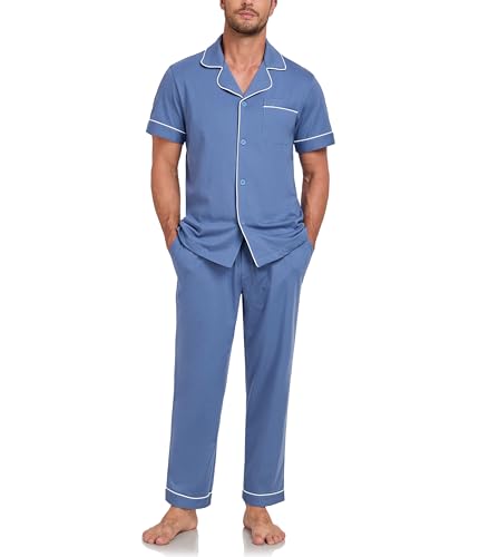 COLORFULLEAF Schlafanzug Herren 100% Baumwolle Pyjama Set mit Knöpfen Zweiteiliger V-Ausschnitt Kurzarm Shirt Lang Pyjamahose Weich Nachtwäsche Hausanzug Pjs Set mit Brusttasche（Blau,L） von COLORFULLEAF