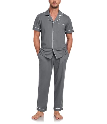 COLORFULLEAF Schlafanzug Herren 100% Baumwolle Pyjama Set mit Knöpfen Zweiteiliger V-Ausschnitt Kurzarm Shirt Lang Pyjamahose Weich Nachtwäsche Hausanzug Pjs Set mit Brusttasche（Dunkelgrau,M） von COLORFULLEAF