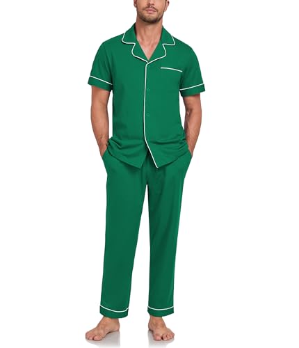 COLORFULLEAF Schlafanzug Herren 100% Baumwolle Pyjama Set mit Knöpfen Zweiteiliger V-Ausschnitt Kurzarm Shirt Lang Pyjamahose Weich Nachtwäsche Hausanzug Pjs Set mit Brusttasche（Grün,S） von COLORFULLEAF