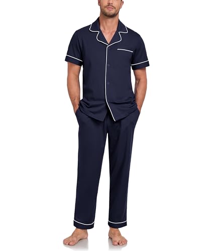COLORFULLEAF Schlafanzug Herren 100% Baumwolle Pyjama Set mit Knöpfen Zweiteiliger V-Ausschnitt Kurzarm Shirt Lang Pyjamahose Weich Nachtwäsche Hausanzug Pjs Set mit Brusttasche（Marineblau,S） von COLORFULLEAF