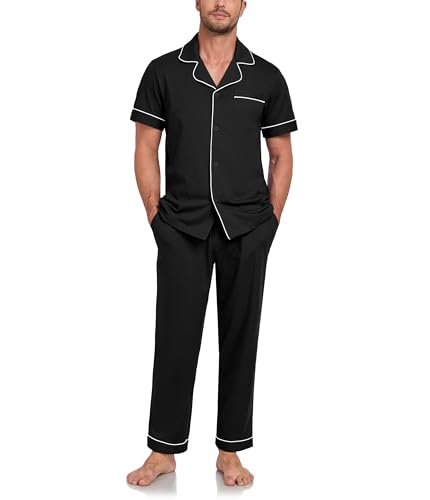 COLORFULLEAF Schlafanzug Herren 100% Baumwolle Pyjama Set mit Knöpfen Zweiteiliger V-Ausschnitt Kurzarm Shirt Lang Pyjamahose Weich Nachtwäsche Hausanzug Pjs Set mit Brusttasche（Schwarz,M） von COLORFULLEAF
