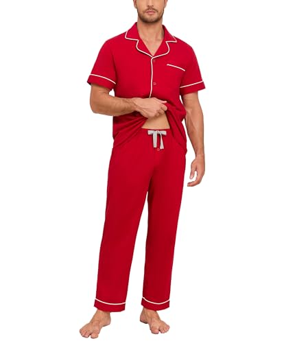 COLORFULLEAF Schlafanzug Herren 100% Baumwolle Pyjama Set mit Knöpfen Zweiteiliger V-Ausschnitt Kurzarm Shirt Lang Pyjamahose Weich Nachtwäsche Hausanzug Pjs Set mit Brusttasche（Weinrot,L） von COLORFULLEAF