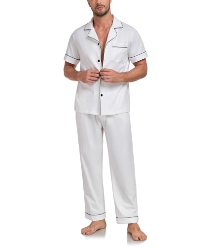 COLORFULLEAF Schlafanzug Herren 100% Baumwolle Pyjama Set mit Knöpfen Zweiteiliger V-Ausschnitt Kurzarm Shirt Lang Pyjamahose Weich Nachtwäsche Hausanzug Pjs Set mit Brusttasche（Weiß,XL） von COLORFULLEAF
