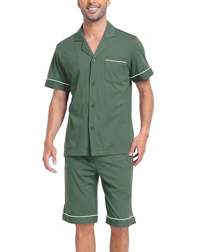 COLORFULLEAF Schlafanzug Herren Kurz Pyjama Set mit Knöpfen Sommer Zweiteilig Nachtwäsche Männer Kurzarm T-Shirt Pyjamahose(Armeegrün,S) von COLORFULLEAF