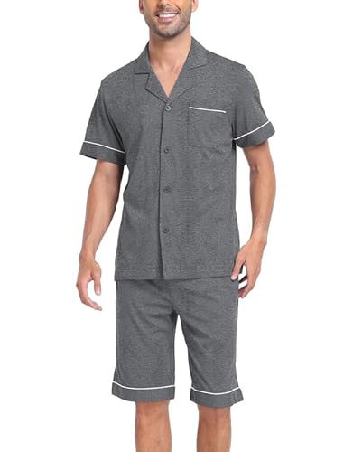 COLORFULLEAF Schlafanzug Herren Kurz Pyjama Set mit Knöpfen Sommer Zweiteilig Nachtwäsche Männer Kurzarm T-Shirt Pyjamahose(Grau,XL) von COLORFULLEAF