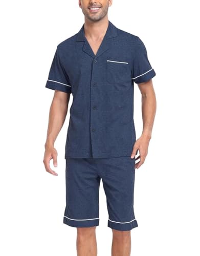 COLORFULLEAF Schlafanzug Herren Kurz 100% Baumwolle Nachthemd Herren Shorty Pyjama V-Ausschnitt T-Shirt und Schlafshorts(Heather Navy,M) von COLORFULLEAF
